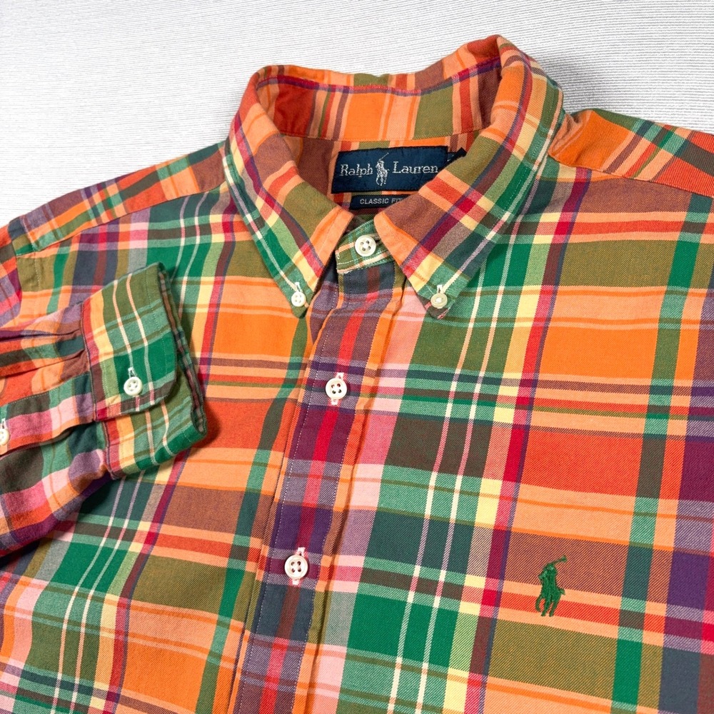 Ralph Lauren Classic Fit Shirt Mens XL Orange Green Cotton Long Sleeve Button - Picture 2 of 12